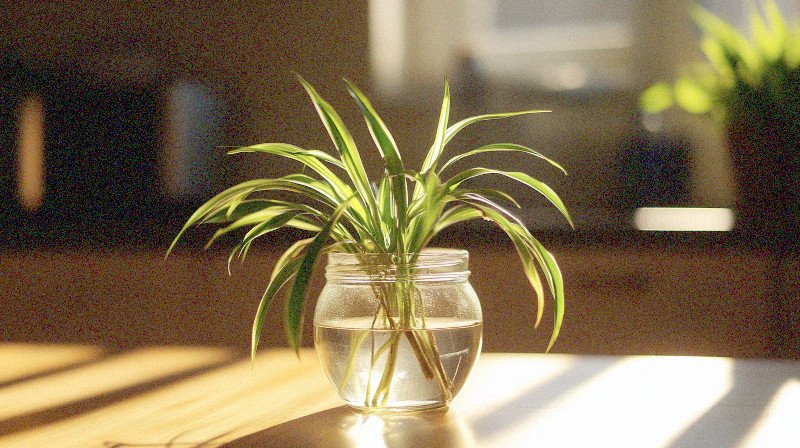 spider plant cuttings in a jar
