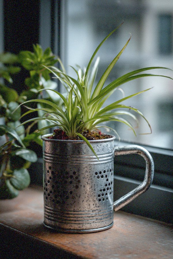 spider plant in recycled pot